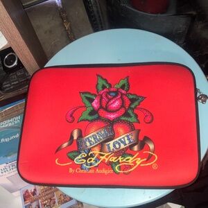 Ed Hardy Red Laptop Sleeve with Rose and Banner Graphic